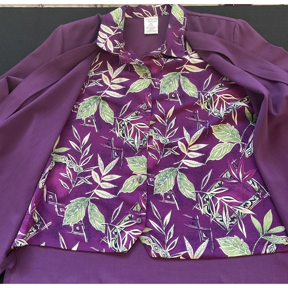 Allison Daley‎ Shirt Womens 20W Purple Leaf Print Twinset 3/4 Sleeve Open Front